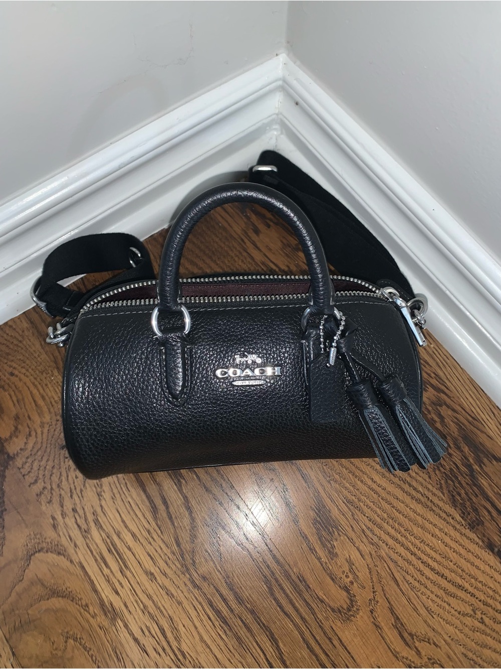 Coach Black Pebbled Leather Mini Barrel Satchel with Tassel